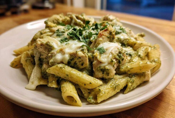 A plate of Creamy Pesto Chicken Pasta with Mozzarella, featuring penne pasta, chicken chunks, melted cheese, and fresh parsley.