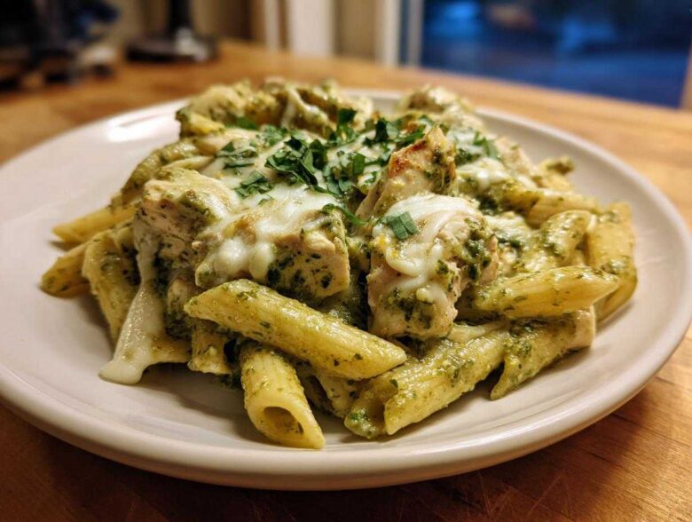 A plate of Creamy Pesto Chicken Pasta with Mozzarella, featuring penne pasta, chicken chunks, melted cheese, and fresh parsley.