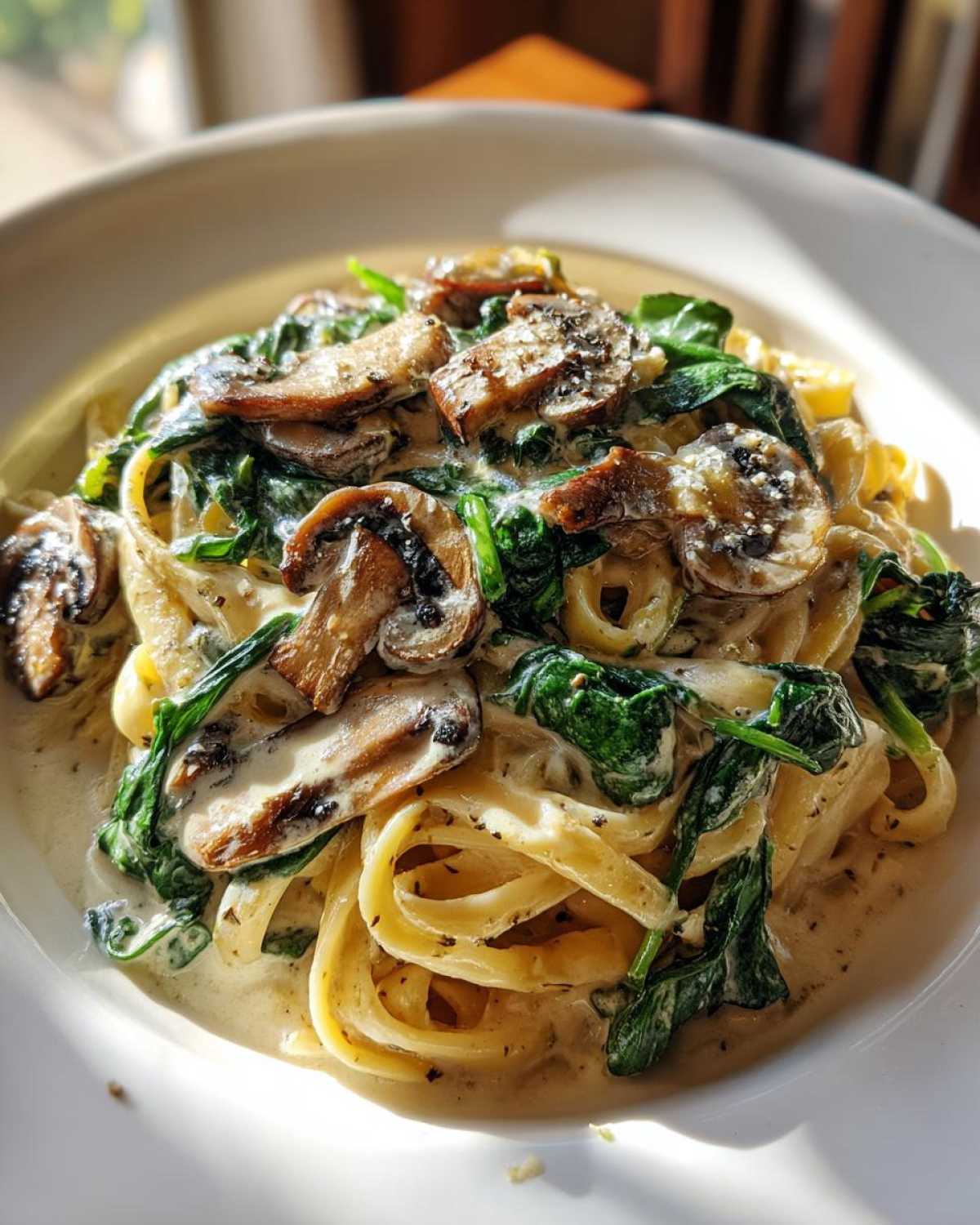 Close-up of Creamy Spinach and Mushroom Pasta Dinner featuring fettuccine coated in cream sauce with sautéed mushrooms and wilted spinach.