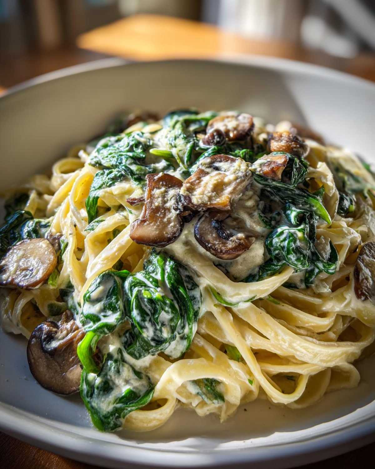 Close-up of a bowl filled with Creamy Spinach and Mushroom Pasta Dinner featuring fettuccine, wilted spinach, and sautéed mushrooms.
