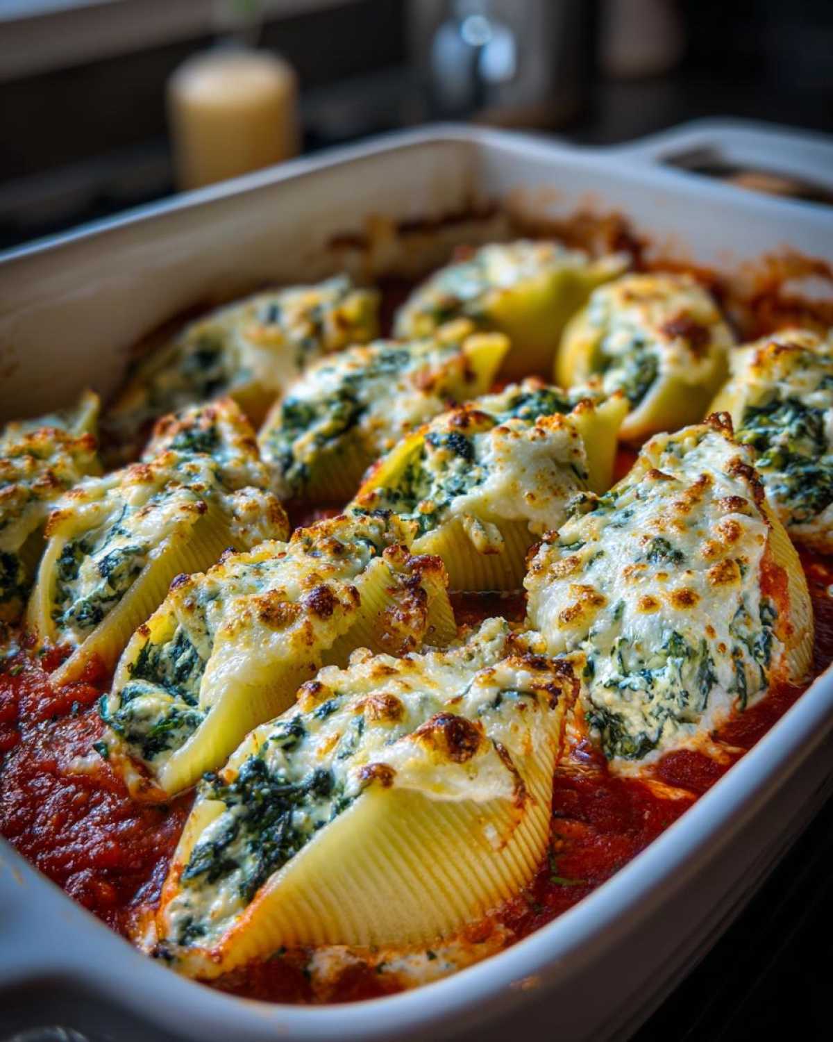 Close-up of baked Creamy Spinach and Ricotta Stuffed Shells topped with melted, browned cheese, resting in a rich tomato sauce.