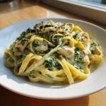 A close-up of Creamy Spinach Chicken Pasta with Garlic featuring fettuccine, chicken chunks, and spinach in a rich sauce, topped with parmesan.
