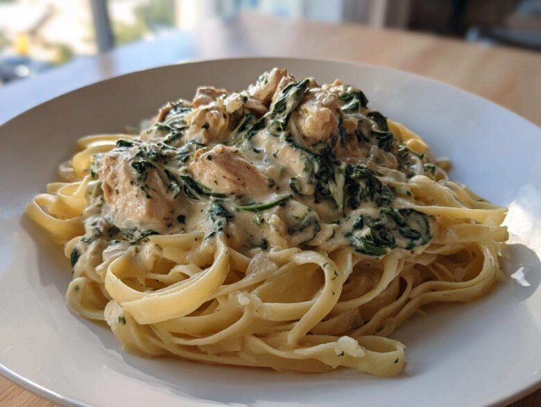 A close-up of a serving of Creamy Spinach Chicken Pasta with Garlic featuring fettuccine noodles and chunks of chicken in a rich sauce.