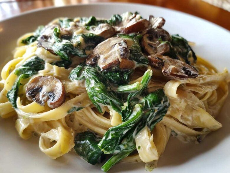 A close-up of fettuccine coated in a rich white sauce, topped with wilted spinach and sliced mushrooms, ready for a Creamy Spinach and Mushroom Pasta Dinner.