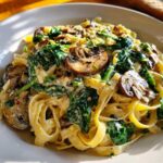 A close-up of fettuccine pasta coated in a rich sauce with sautéed mushrooms and wilted spinach, perfect for a Creamy Spinach and Mushroom Pasta Dinner.