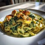 A close-up of creamy spinach pasta with chicken pieces served in a white bowl.