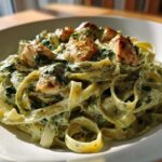 Close-up of a bowl of Creamy Spinach Pasta with Chicken Dinner featuring fettuccine noodles coated in a rich green sauce.