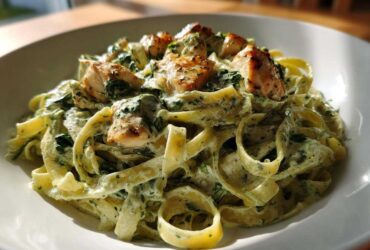 Close-up of a bowl of Creamy Spinach Pasta with Chicken Dinner featuring fettuccine noodles coated in a rich green sauce.