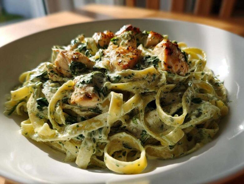 Close-up of a bowl of Creamy Spinach Pasta with Chicken Dinner featuring fettuccine noodles coated in a rich green sauce.