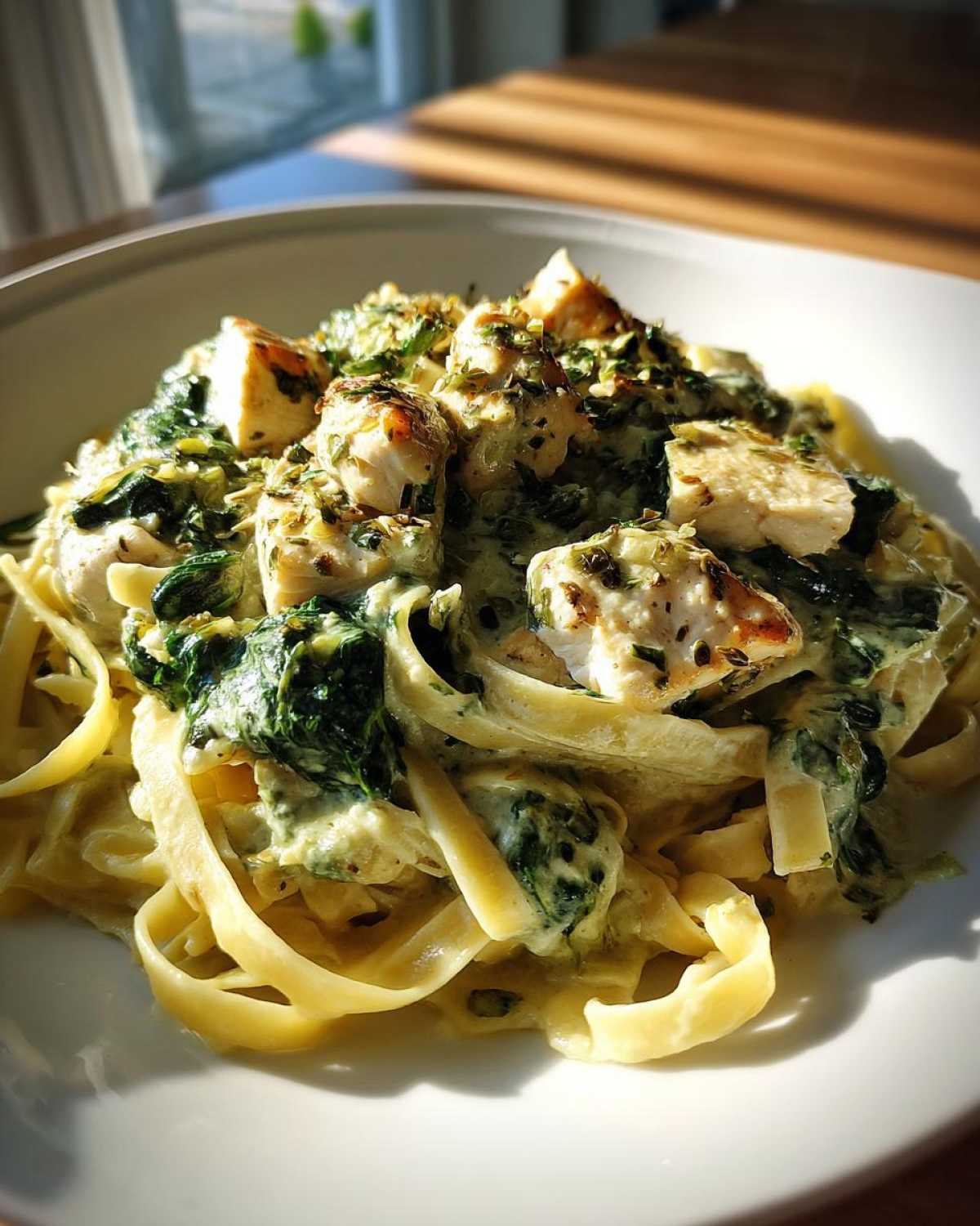 Close-up of a white bowl filled with creamy spinach pasta with chicken dinner, garnished with herbs.