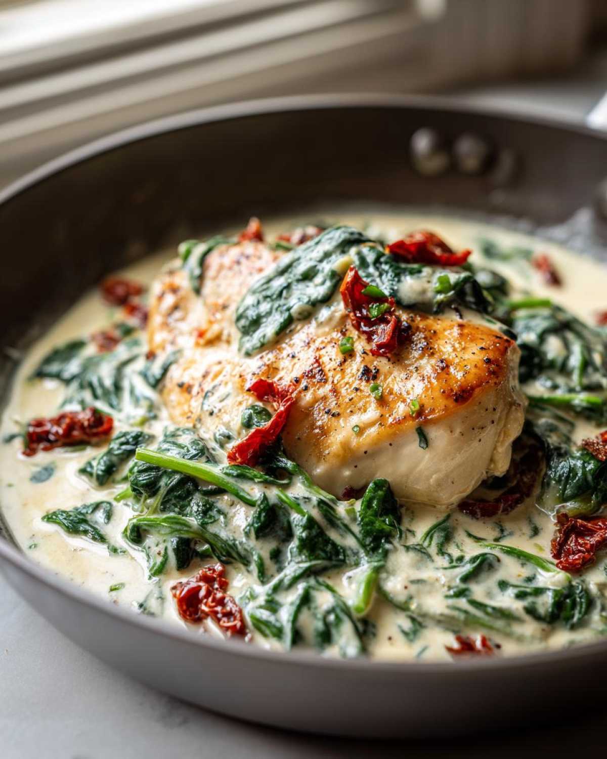 A perfectly seared chicken breast resting in a rich, creamy spinach ricotta sauce with sun-dried tomatoes from the Creamy Spinach Ricotta Chicken Skillet.