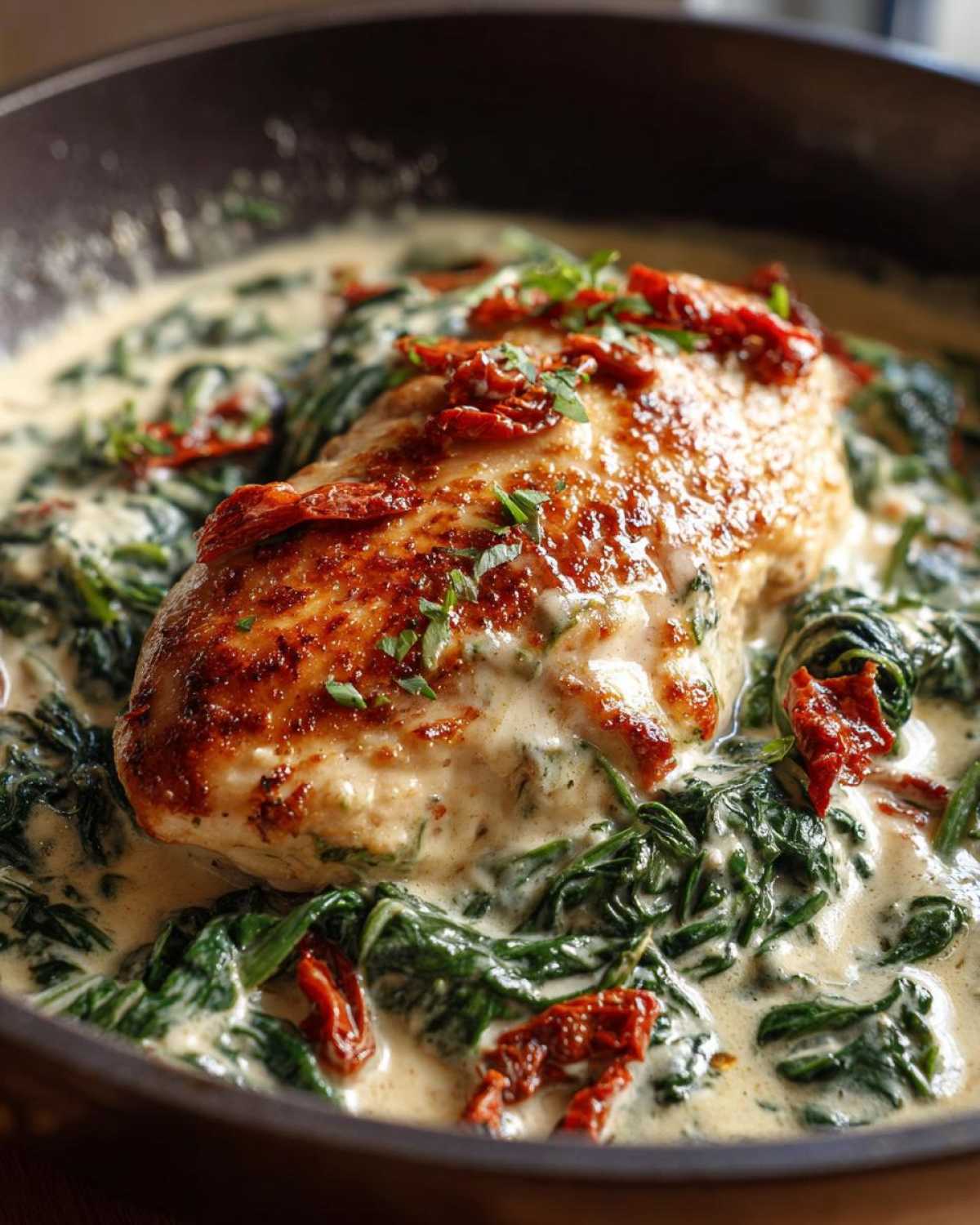 Close-up of seared chicken breast nestled in creamy spinach ricotta sauce with sun-dried tomatoes, part of the Creamy Spinach Ricotta Chicken Skillet.