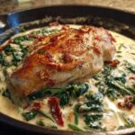 A perfectly seared chicken breast resting on a bed of spinach and sun-dried tomatoes in a rich, creamy sauce in a cast iron skillet, featuring Creamy Spinach Ricotta Chicken Skillet.