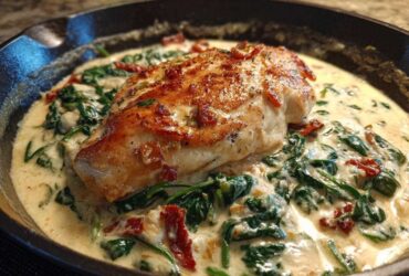 A perfectly seared chicken breast resting on a bed of spinach and sun-dried tomatoes in a rich, creamy sauce in a cast iron skillet, featuring Creamy Spinach Ricotta Chicken Skillet.