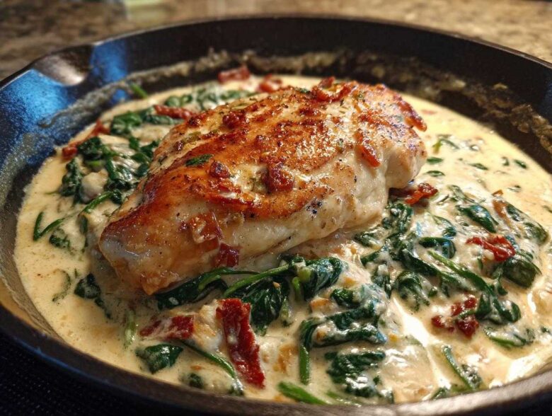 A perfectly seared chicken breast resting on a bed of spinach and sun-dried tomatoes in a rich, creamy sauce in a cast iron skillet, featuring Creamy Spinach Ricotta Chicken Skillet.