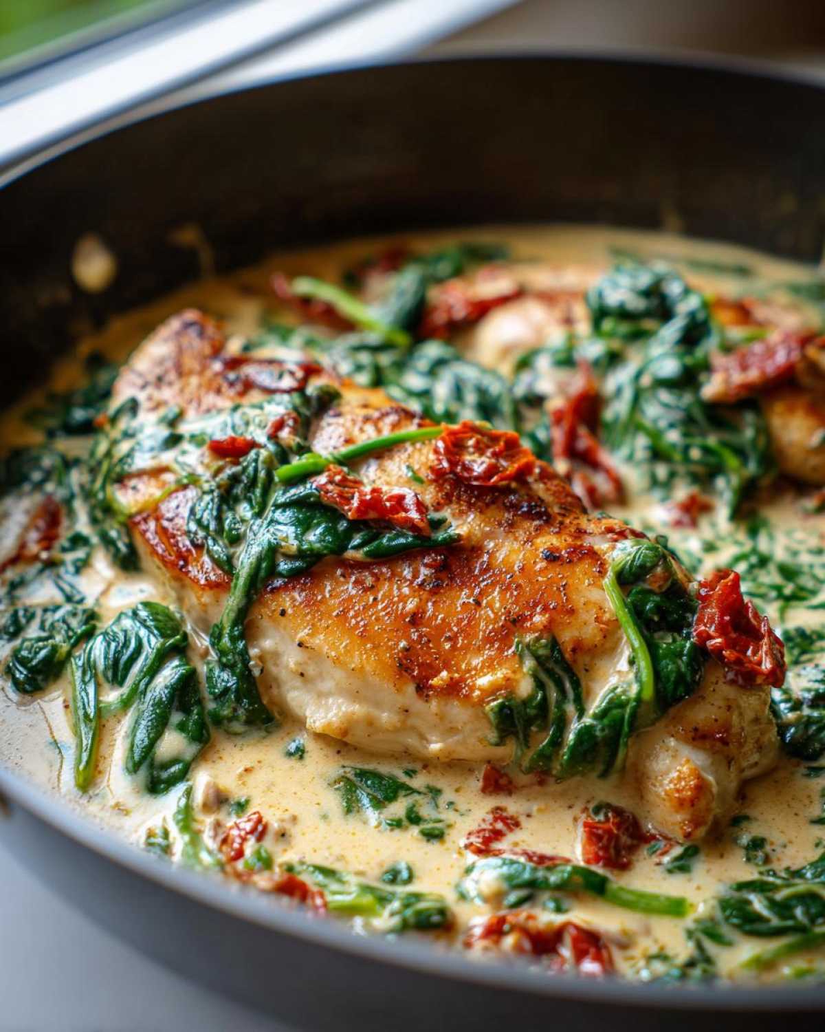 Close-up of seared chicken breast topped with spinach and sun-dried tomatoes in a creamy sauce, part of the Creamy Spinach Ricotta Chicken Skillet.