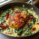 A golden-brown chicken breast nestled in a creamy sauce with wilted spinach and sun-dried tomatoes in a skillet, representing the Creamy Spinach Ricotta Chicken Skillet.