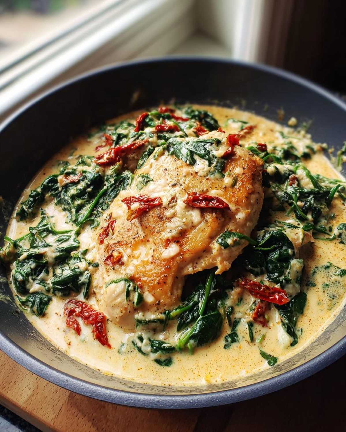 A perfectly cooked chicken breast served in a skillet with creamy spinach ricotta sauce and sun-dried tomatoes, showcasing the Creamy Spinach Ricotta Chicken Skillet.