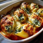 Close-up of baked Creamy Spinach and Ricotta Stuffed Shells bubbling in tomato sauce with browned, melted cheese.