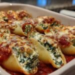 Close-up of baked Creamy Spinach and Ricotta Stuffed Shells topped with melted cheese and marinara sauce.