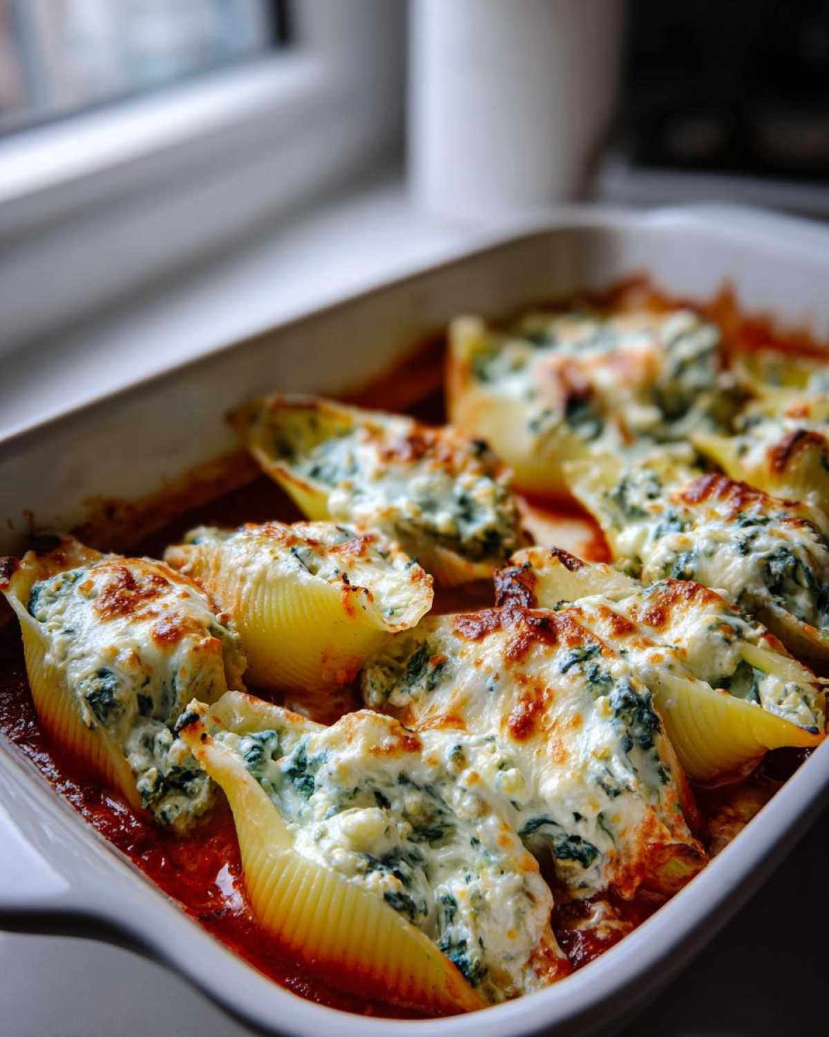 Close-up of baked Creamy Spinach and Ricotta Stuffed Shells in a white baking dish with melted, browned cheese.