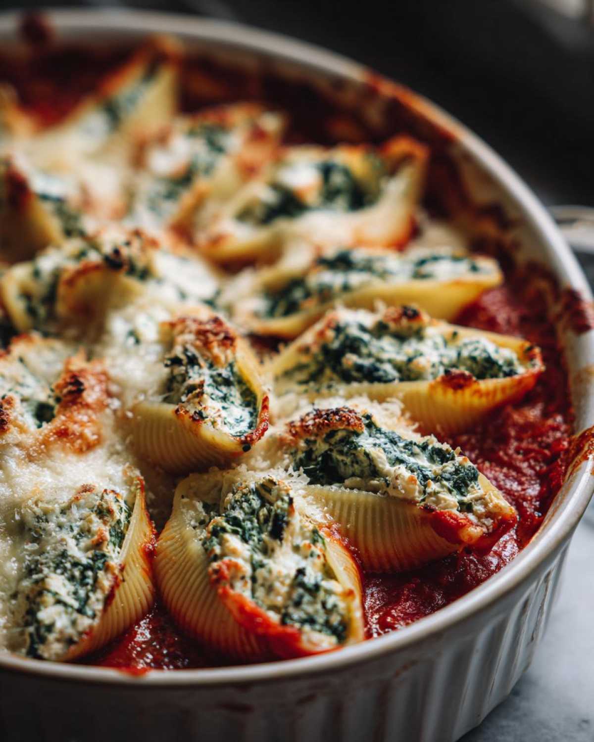 Close-up of baked Creamy Spinach and Ricotta Stuffed Shells in a white baking dish with bubbling tomato sauce.