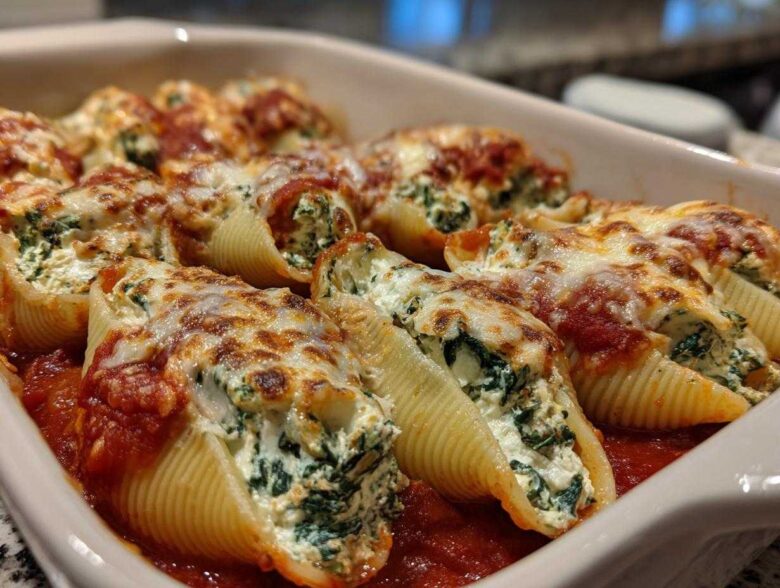 Close-up of baked Creamy Spinach and Ricotta Stuffed Shells topped with melted cheese and marinara sauce.