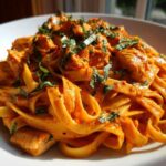 Close-up of a serving of Creamy Sun Dried Tomato Pasta with Chicken, garnished with fresh basil.