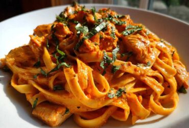Close-up of a serving of Creamy Sun Dried Tomato Pasta with Chicken, garnished with fresh basil.