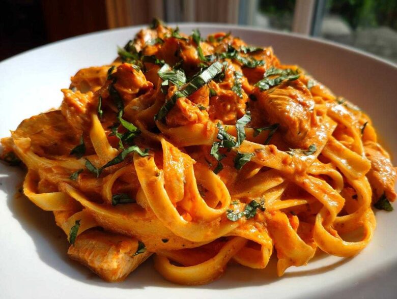 Close-up of a serving of Creamy Sun Dried Tomato Pasta with Chicken, garnished with fresh basil.