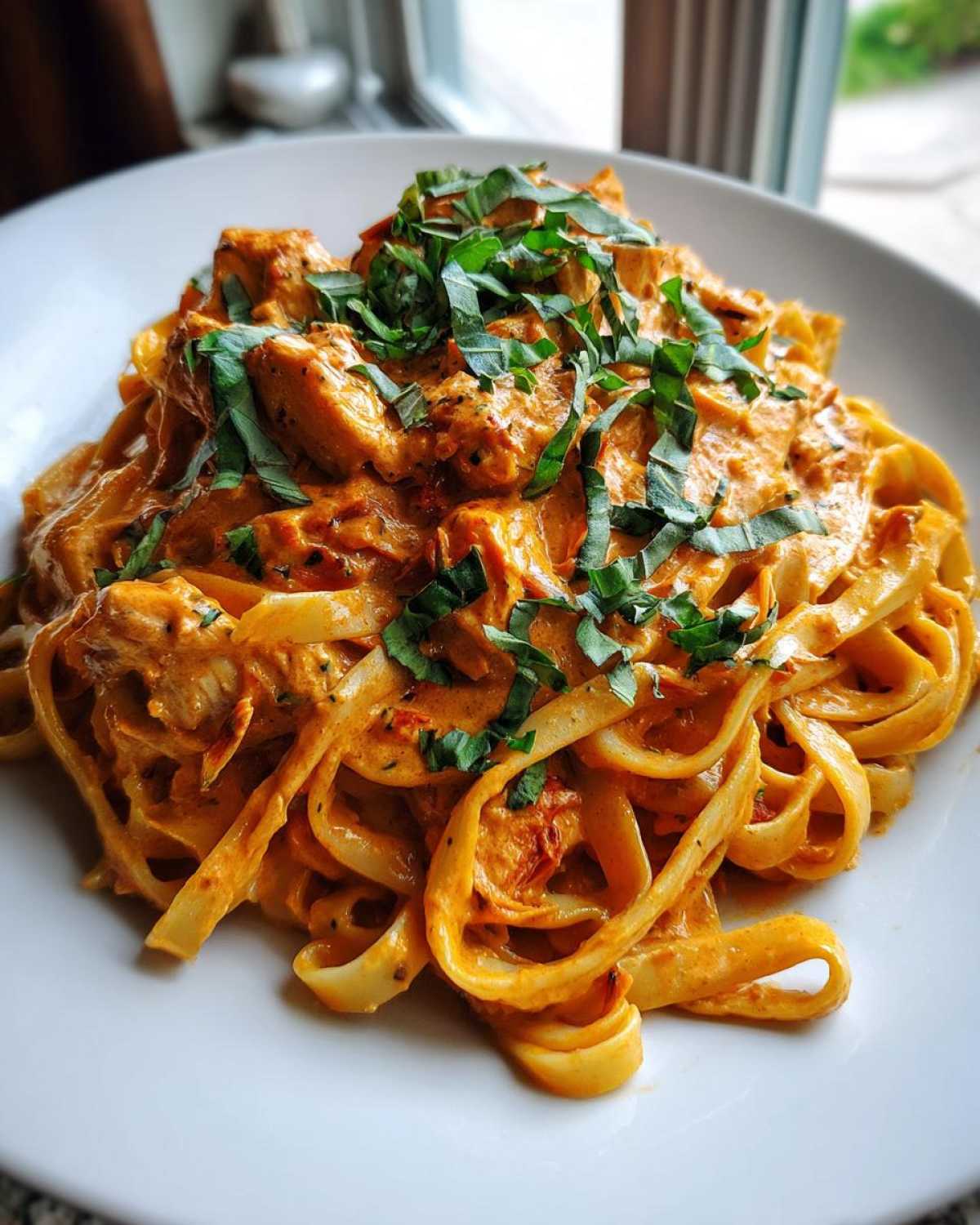 A close-up of a generous serving of Creamy Sun Dried Tomato Pasta with Chicken, topped with fresh basil.