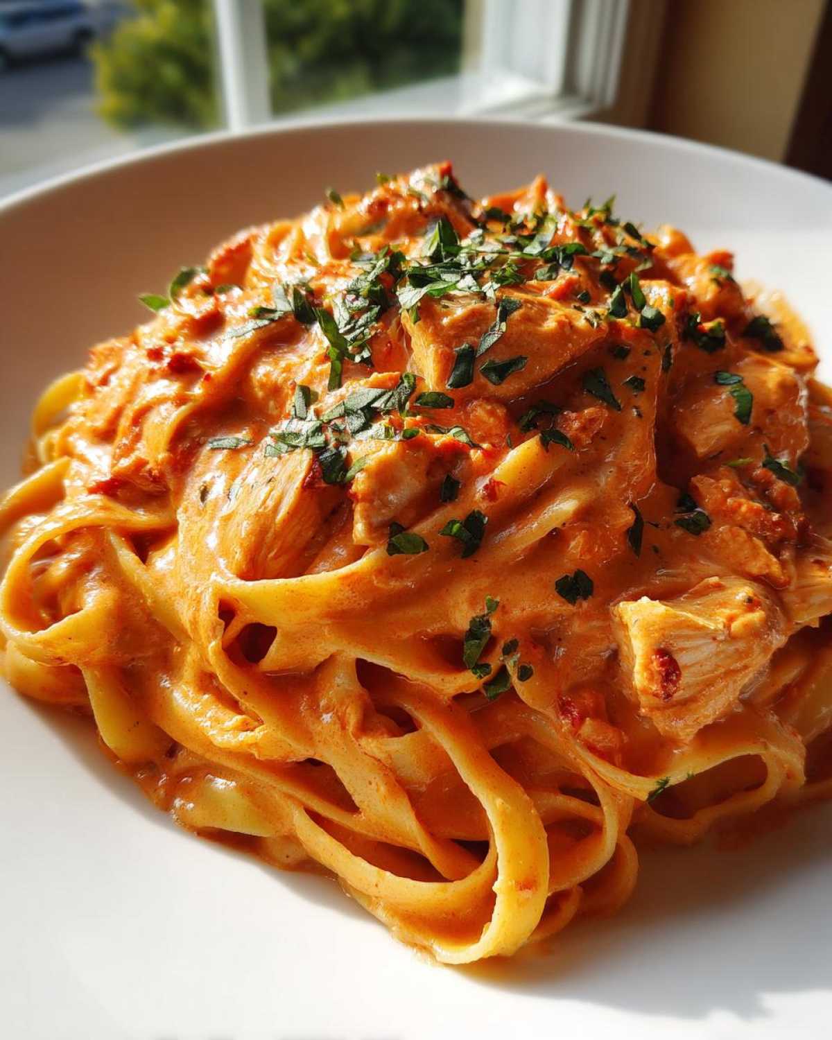 Close-up of a serving of Creamy Sun Dried Tomato Pasta with Chicken, topped with fresh parsley.