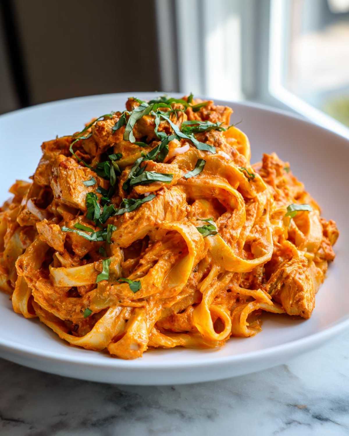 A close-up of a bowl of Creamy Sun Dried Tomato Pasta with Chicken, topped with fresh basil.