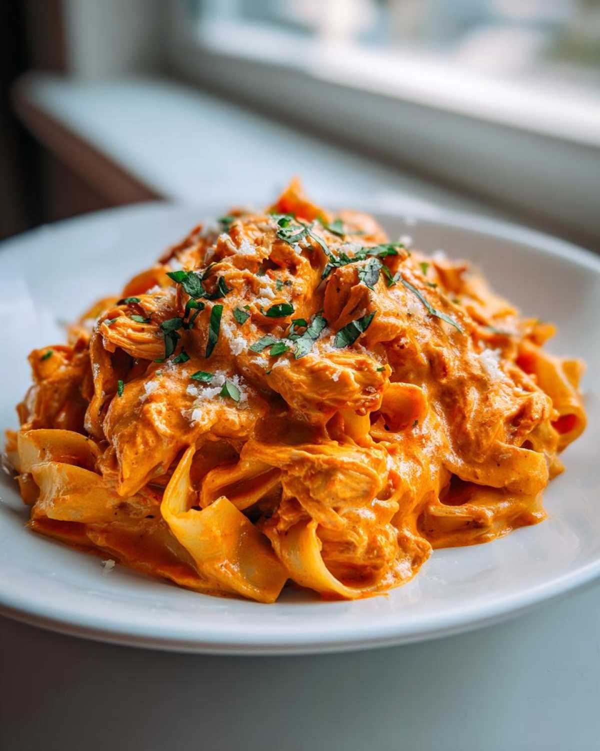 Close-up of rich, orange-hued Creamy Sun Dried Tomato Pasta with Chicken tossed with wide noodles.