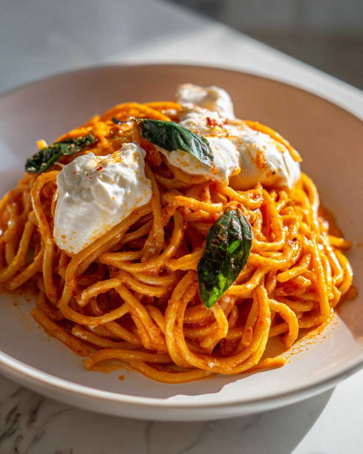 Close-up of a bowl of Creamy Tomato Pasta with Burrata Cheese topped with fresh basil leaves.