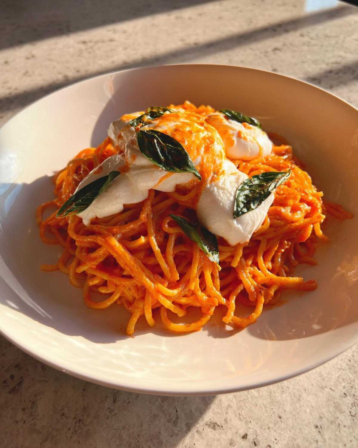 A bowl of Creamy Tomato Pasta with Burrata Cheese topped with fresh basil leaves.