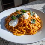 A close-up of Creamy Tomato Pasta with Burrata Cheese, topped with fresh basil and grated parmesan.