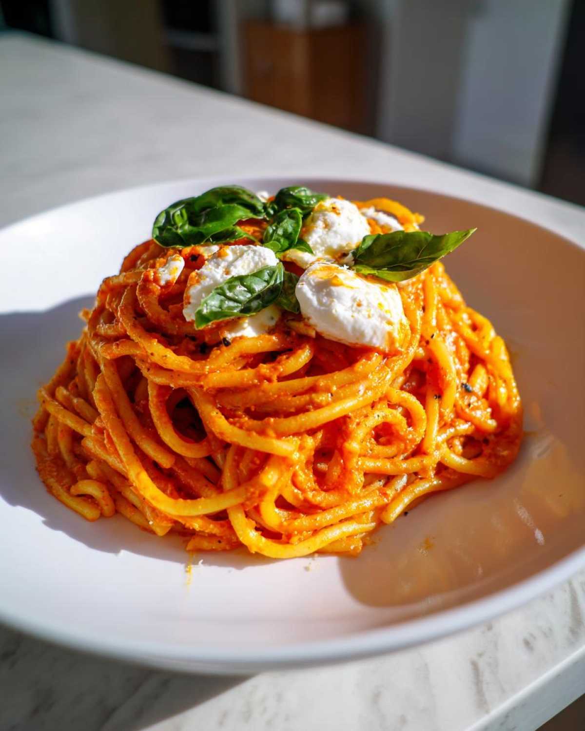 A close-up of Creamy Tomato Pasta with Burrata Cheese, topped with fresh basil leaves.
