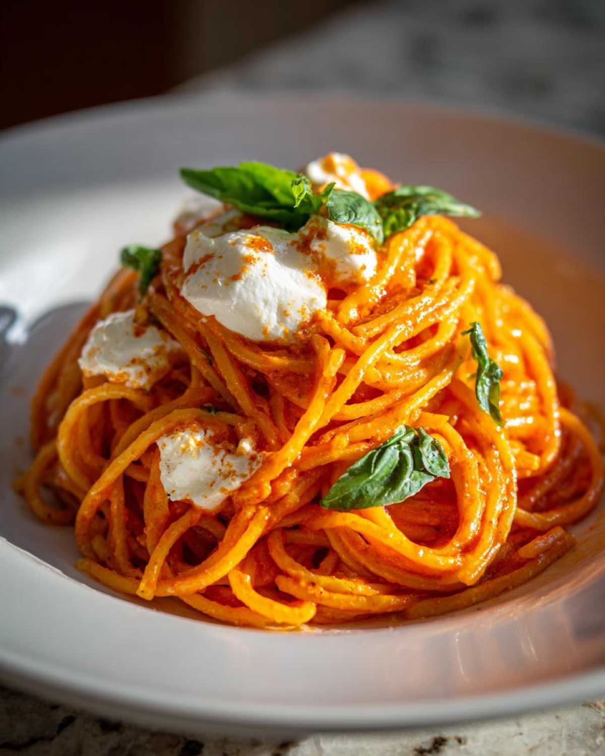 Close-up of a serving of Creamy Tomato Pasta with Burrata Cheese topped with fresh basil leaves.