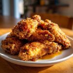 A pile of golden brown, crispy baked chicken wings with honey glaze glistening under natural light.
