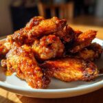 A pile of golden brown, glossy Crispy Baked Chicken Wings with Honey Glaze served on a white plate.