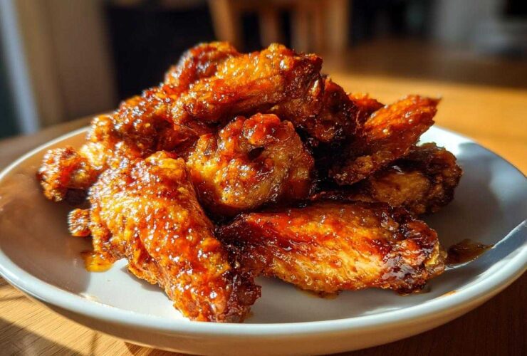 A pile of golden brown, glossy Crispy Baked Chicken Wings with Honey Glaze served on a white plate.