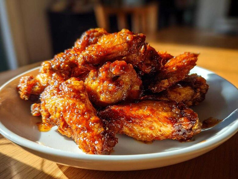 A pile of golden brown, glossy Crispy Baked Chicken Wings with Honey Glaze served on a white plate.