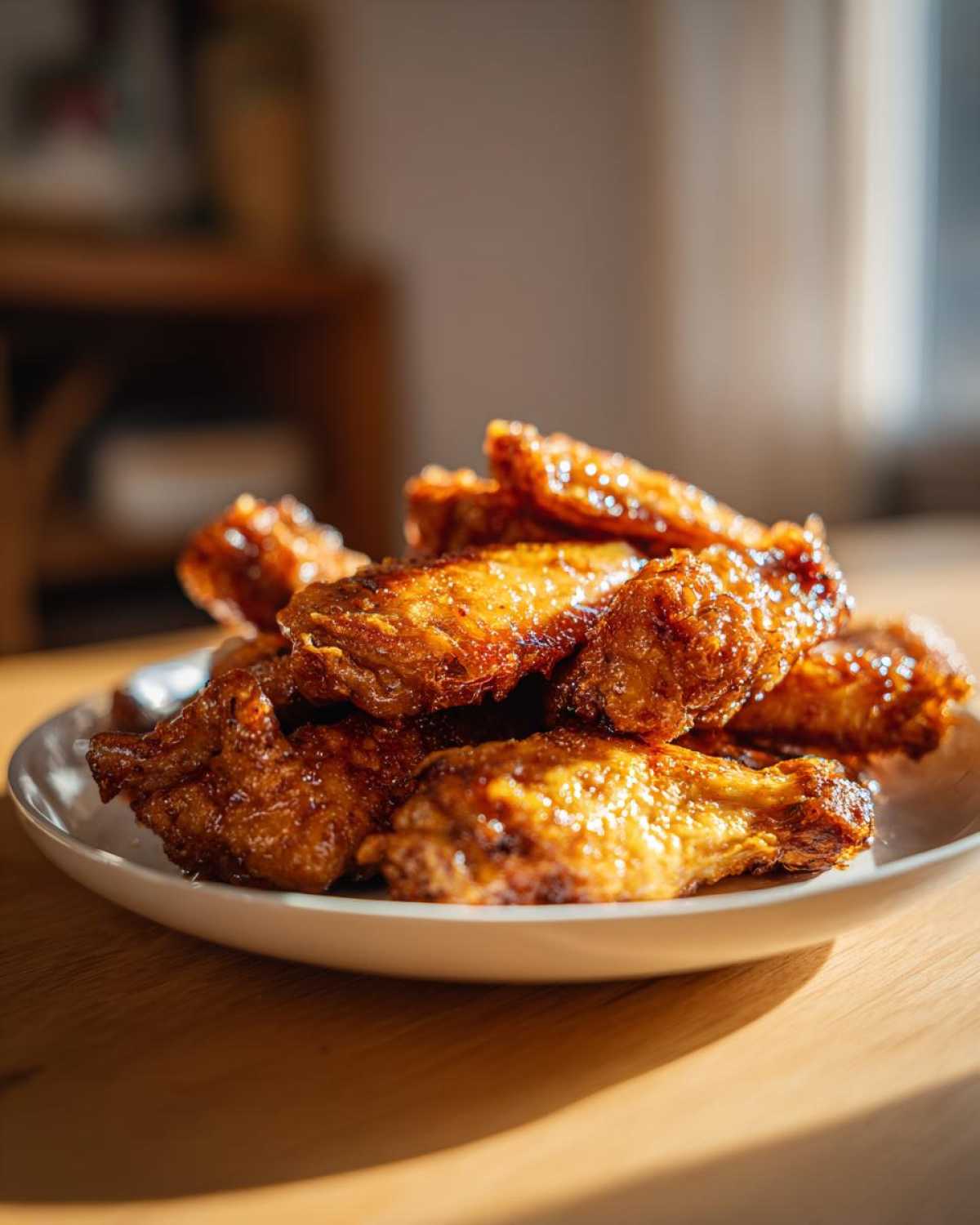 A pile of golden brown, glistening Crispy Baked Chicken Wings with Honey Glaze stacked on a white plate.