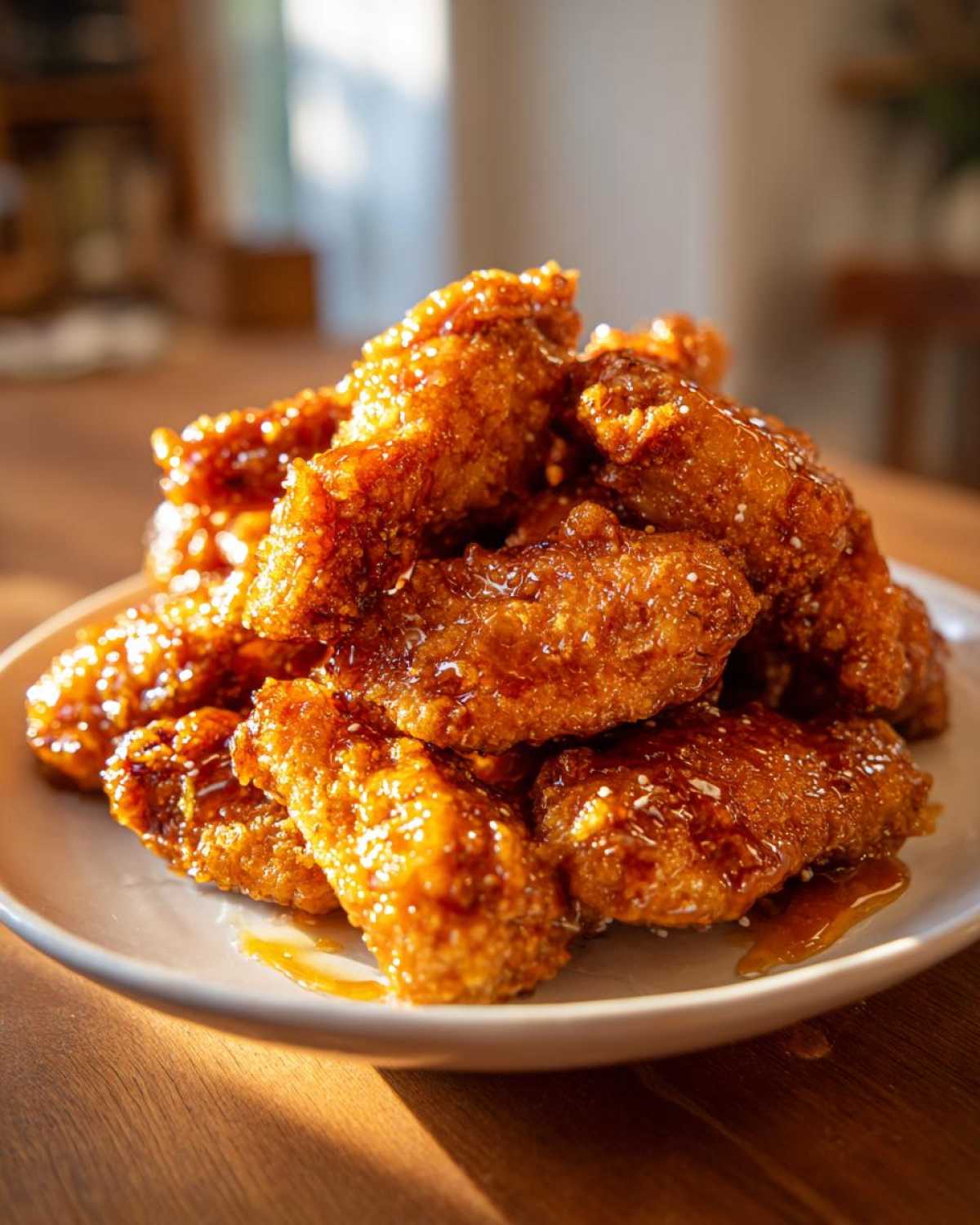 A mound of golden, crispy baked chicken wings generously coated in a sticky honey glaze.
