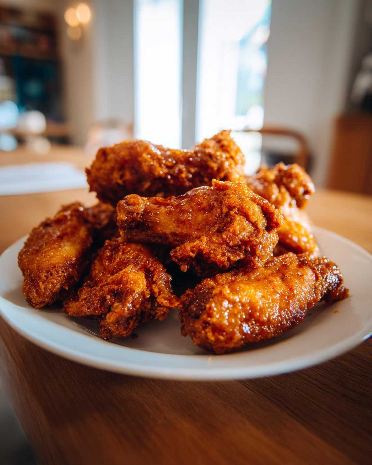 A pile of golden brown, crispy baked chicken wings coated in a shiny honey glaze served on a white plate.