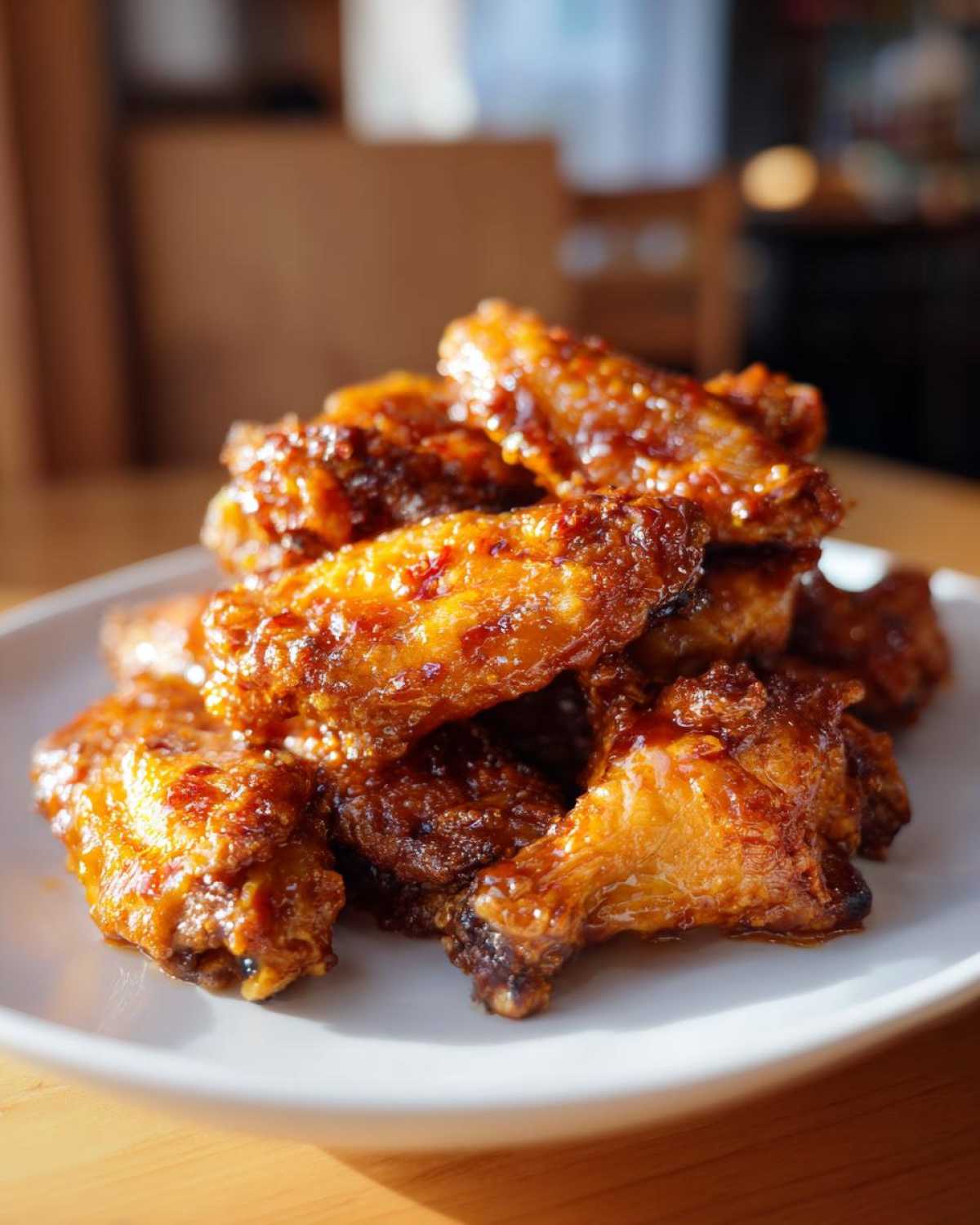 A close-up of a stack of glistening, Crispy Baked Chicken Wings with Honey Glaze piled high on a white plate.