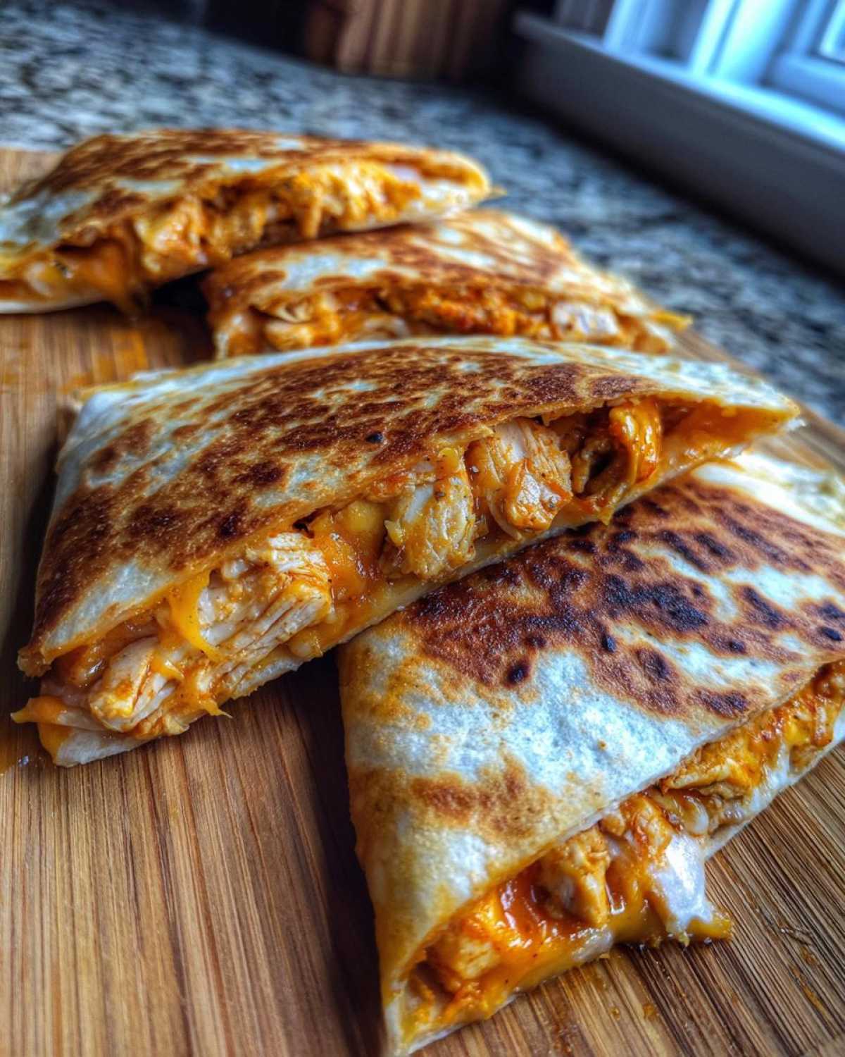 Close-up of crispy, golden-brown Cheesy Chicken Quesadilla slices showing shredded chicken and melted orange cheese filling.