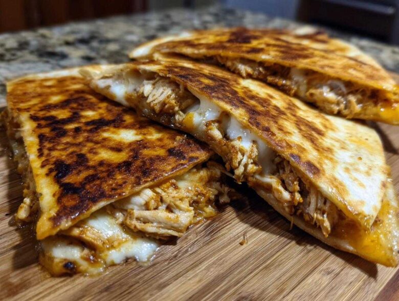 Close-up of crispy, golden-brown Cheesy Chicken Quesadilla slices oozing melted cheese and shredded chicken.