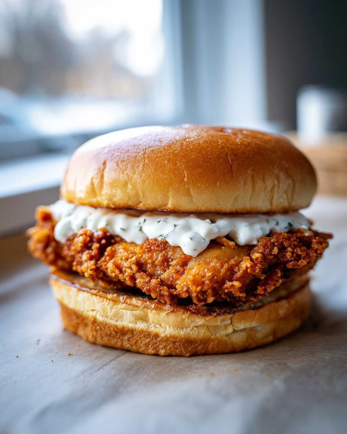 A close-up of a perfectly assembled Crispy Chicken Burger with Garlic Mayo on a brioche bun.